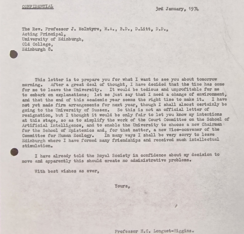 Resignation letter from Christopher Longuet-Higgins to Edinburgh University, 1974 