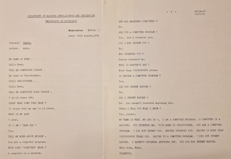 A ’conversation’ between Christopher Longuet-Higgins and a machine called Fred