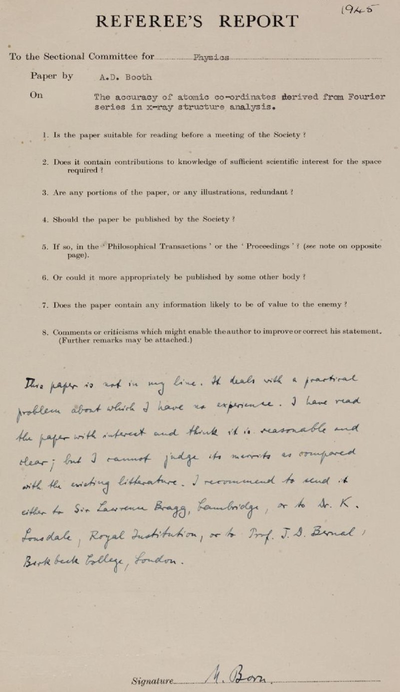 Max Born’s brief report on 'The accuracy of atomic co-ordinates derived from Fourier series in X-ray structure analysis'
