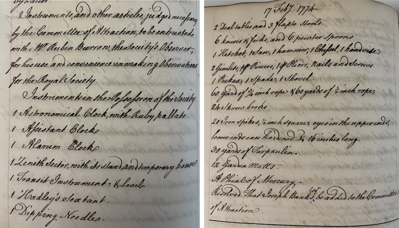 'Instruments judged necessary in making observations for the Royal Society’, February 1774