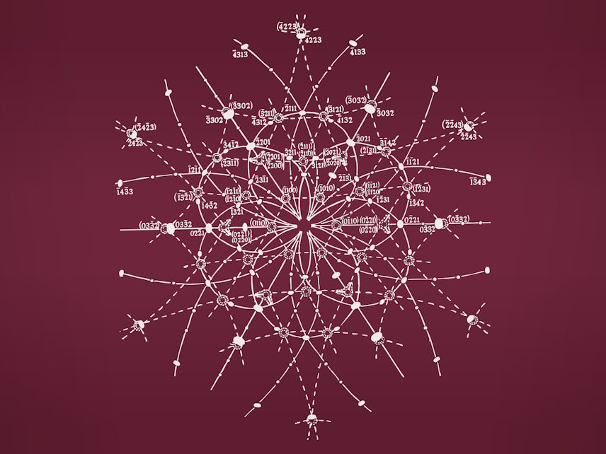 outline of an abstract white scientific figure on a plum background